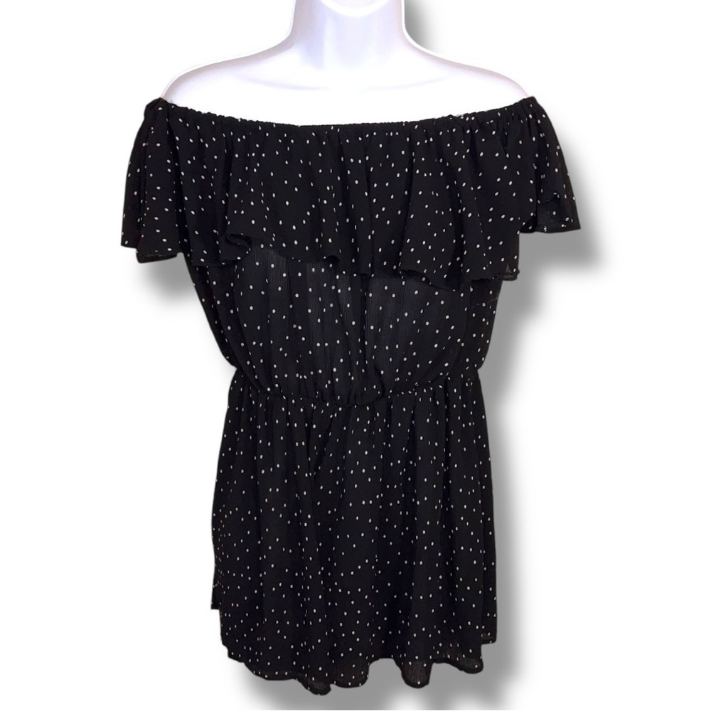 Size 6 TopShop Black White Polka Dot Romper Ruffle Off Shoulder Style Pinup
